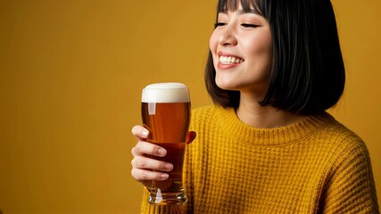 Young woman in yellow sweater sipping craft beer against golden background. brewery marketing, pub promotion and craft beer advertising. Horizontal video