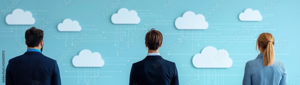 Poster three professionals standing in front of a cloud technology wall with data streams and cloud icons