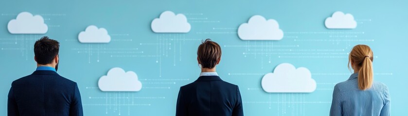Three Professionals Standing in Front of a Cloud Technology Wall with Data Streams and Cloud Icons