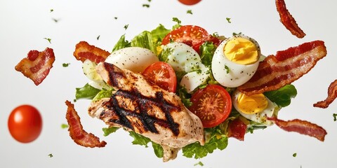 A plate of breakfast food with crispy bacon, scrambled eggs, fresh tomatoes, and crunchy lettuce
