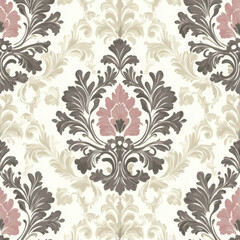 Design an opulent Baroque-inspired floral damask pattern with a deep, symmetrical structure. Use dusty rose and muted mauve as the primary colors