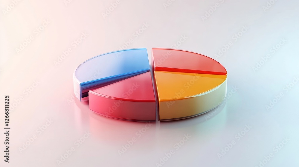 Poster a sleek d pie chart with vibrant color sections and smooth reflective surfaces, isolated on a clean 