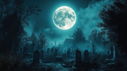 A glowing full moon casting eerie light on a graveyard filled with creeping shadows, haunting and moody 