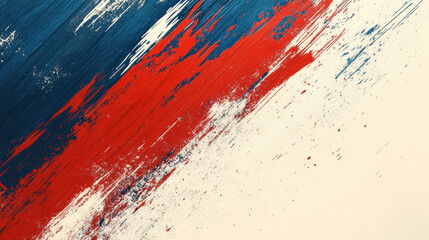 A textured abstract artwork with expressive brushstrokes of red, blue, and white on a solid cream background