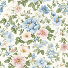 Obraz premium Vintage floral pattern, pastel colors, soft and delicate watercolor style, seamless pattern on a white background. 