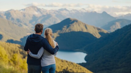 Fototapeta premium Couple enjoying a tranquil moment overlooking a serene lake surrounded by majestic mountains at sunset