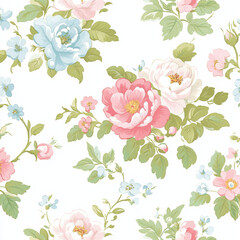 Vintage floral pattern, pastel colors, soft and delicate watercolor style, seamless pattern on a white background. Soft pinks, blues, greens, and whites, with flowers including roses,