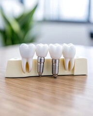 Dental Implants and Models on Wooden Table in Modern Clinic Setting