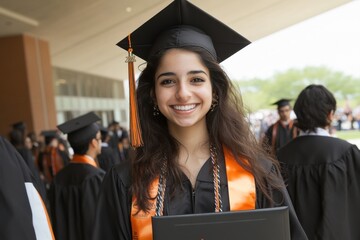 Obraz premium young woman in a black graduation cap and robes is smiling. She is surrounded by other graduates. An idea of achievements and pride in them. Education, graduation from high school or college