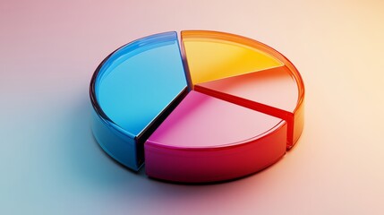 Obraz premium A vibrant D pie chart with polished, reflective surfaces, featuring distinct sections in rich colors, isolated on a neutral-colored background