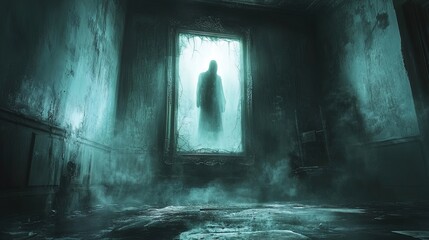 A ghostly figure floating above a glowing, cracked mirror in a dimly lit room, eerie and mysterious 