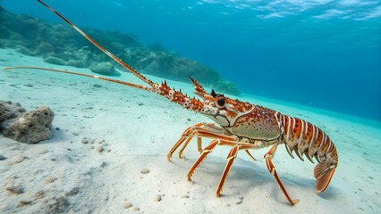 Spiny Lobster Underwater: A large spiny lobster crawls along a sandy ocean floor, its long antennae reaching out. The vibrant colors of the lobster contrast beautifully with the clear blue water. 