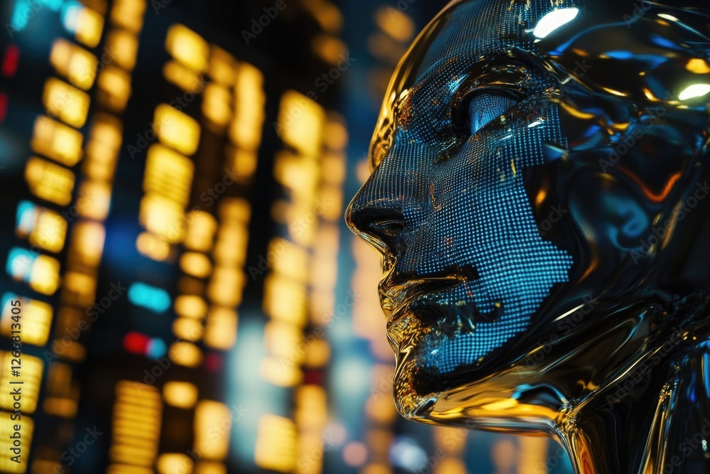 Poster a close-up of a robot's head overlooking a cityscape, great for futuristic or sci-fi concepts