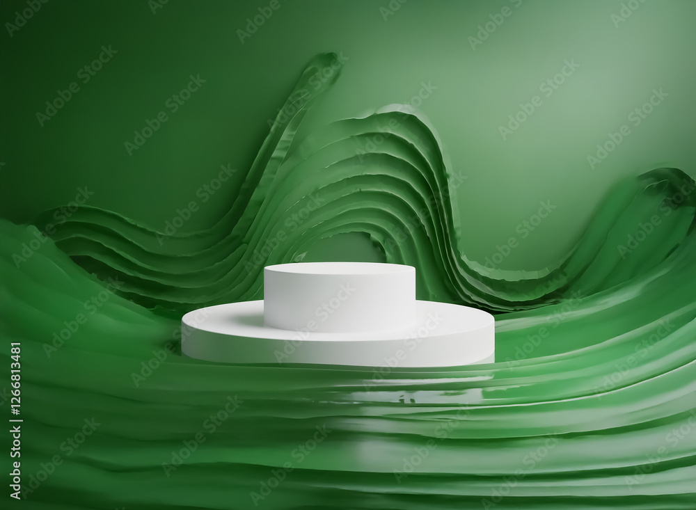 Poster white round podium platform stands on a textured green wavy surface, creating a stage for product di