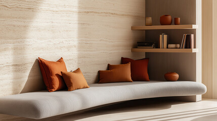 An inviting reading space with a custom-built, curved bench upholstered in soft gray fabric, accented with ochre and rust pillows
