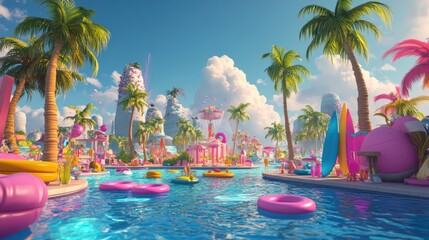 Tropical pool party city, summer fun, vibrant background, ideal for travel ads