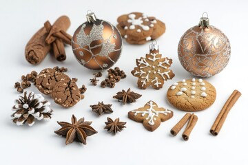 A variety of Christmas cookies and decorations arranged on a white surface, perfect for holiday decorating or photography