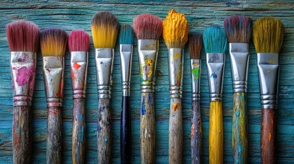 Fototapeta premium Colorful paintbrushes on rustic wood; art supplies background