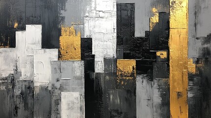 Fototapeta premium Abstract cityscape painting with a monochrome palette of black, white, and grey, accented with gold, blending modern architecture in minimalist, artistic expression, evoking a timeless urban aesthetic