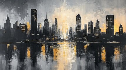 Fototapeta premium Abstract cityscape painting with a monochrome palette of black, white, and grey, accented with gold, blending modern architecture in minimalist, artistic expression, evoking a timeless urban aesthetic