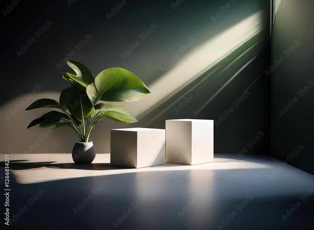 Poster a potted plant sits beside two white cubes in a softly lit room. sunlight streams in, casting shadow