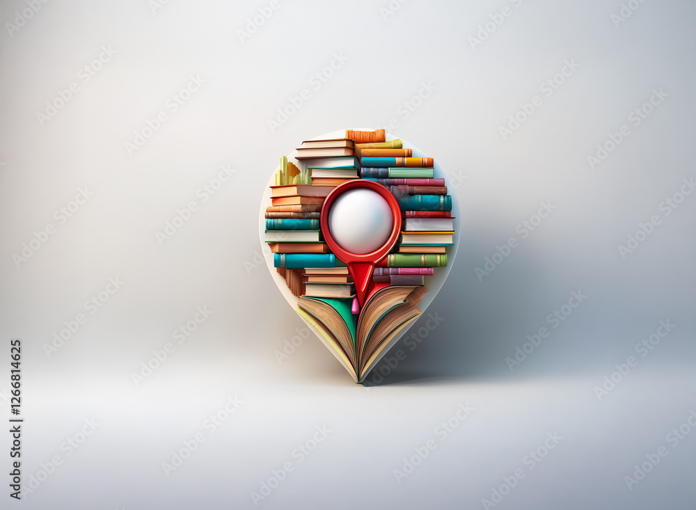 Poster books stacked in location pin form with red marker centered. symbolizes knowledge location, reading 