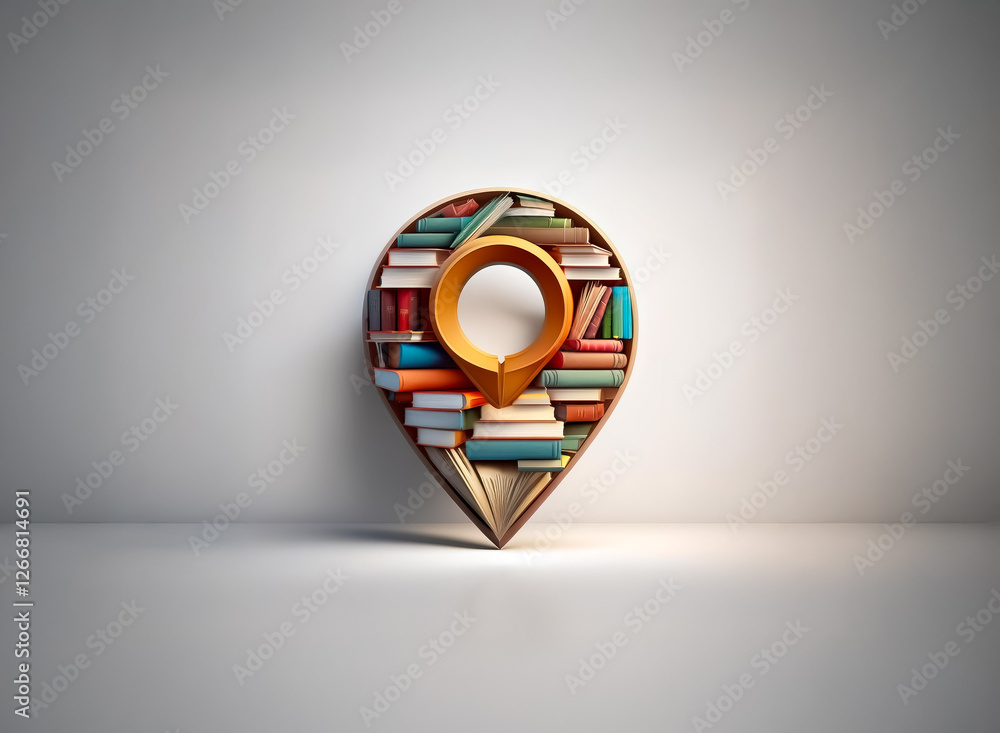 Poster a location pin icon creatively filled with stacked books symbolizes knowledge and navigation. it sug