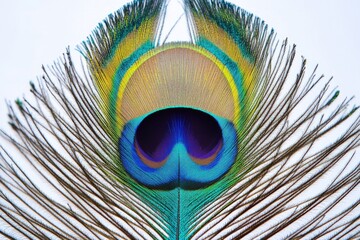 Naklejka premium A detailed shot of a vibrant peacock feather on a plain white background