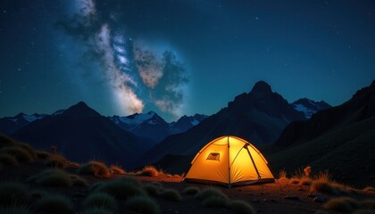 A glowing tent set up on grassy terrain under a starry night sky with the Milky Way visible, backed by snow-capped mountains. A serene and picturesque camping scene