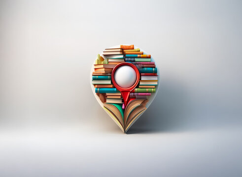Books stacked in location pin form with red marker centered. Symbolizes knowledge location, reading spots, or library finding.
