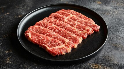 A piece of raw meat served on a black plate