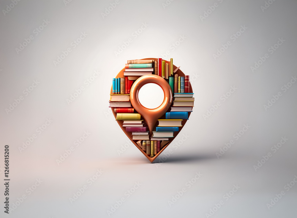 Poster a location pin filled with colorful books stands against a bright backdrop. it symbolizes finding kn