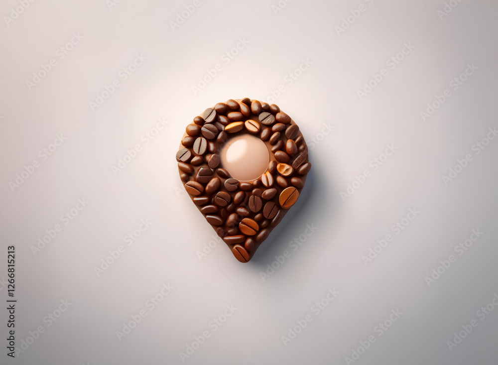 Poster coffee bean map pointer symbol on a white background. location concept using coffee beans and light 