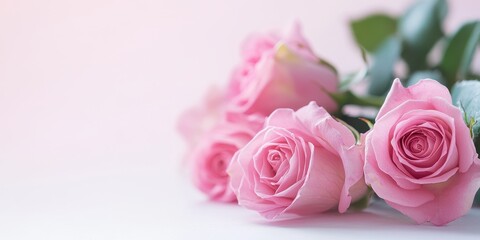 Fototapeta premium Delicate Pink Roses with Dew Drops on Soft Background for Romantic and Floral Arrangements