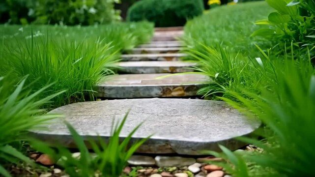 Flying a drone on a rocky path leading through a flower garden. Generative 4k video.