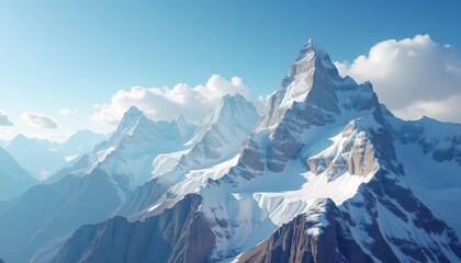 Obraz premium Snow-capped mountain peaks under a clear blue sky with scattered clouds, showcasing the beauty of nature and the allure of adventure tourism. Perfect for World Tourism Day