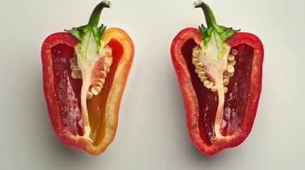 Vibrant split red and yellow bell peppers showcasing their seeds and texture on a clean, neutral background