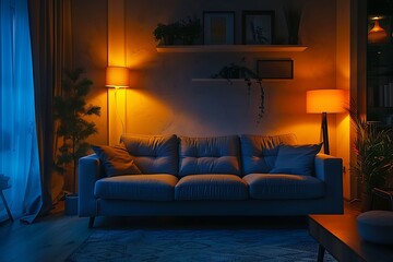 Interior of dark living room with comfortable sofa and glowing lamps in evening