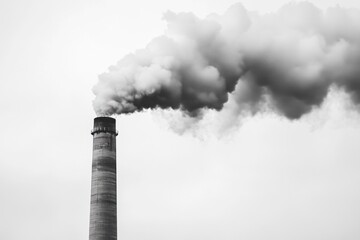 Chimney of a nuclear power plant emits thick white smoke against a gray sky, indicating an operational facility during cloudy weather