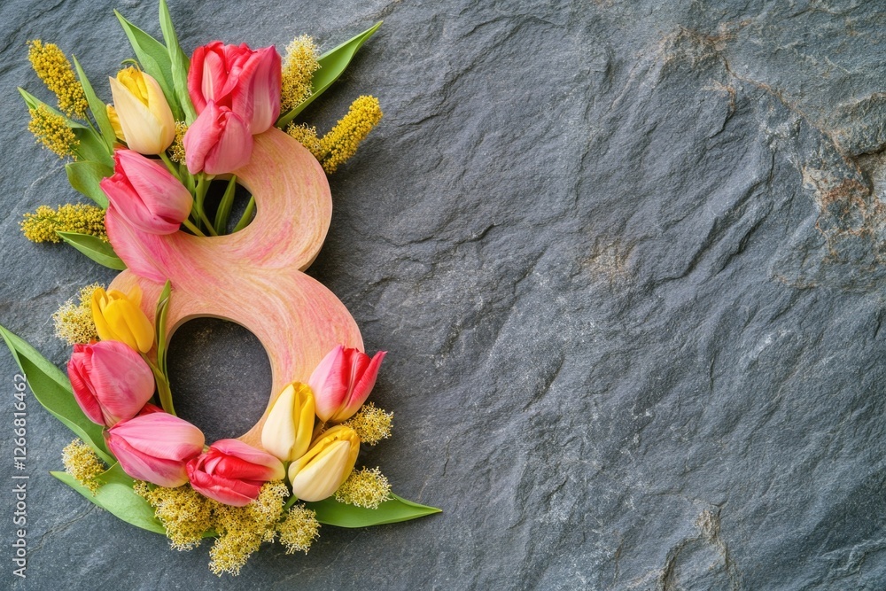 Poster a unique design of the number 8 created with flowers and placed on a rocky surface