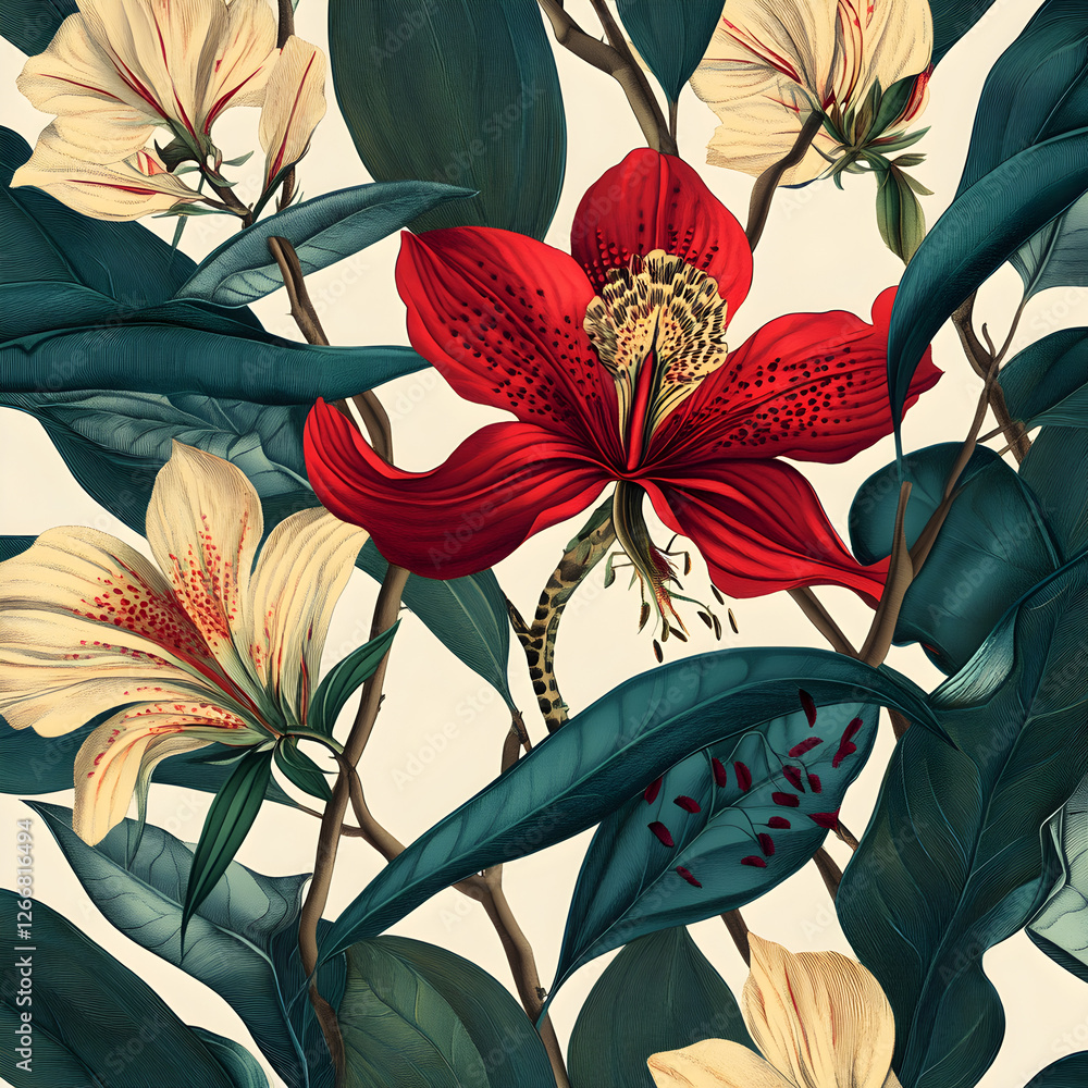 Poster blooming botanical: a vibrant, seamless pattern of lush botanical elements with intricate details. t