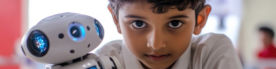 Obraz premium A young boy holds a robot toy, possibly his favorite companion
