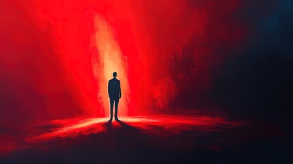A vibrant depiction of a lone businessperson standing in a glowing spotlight, celebrated for success, dynamic and empowering 