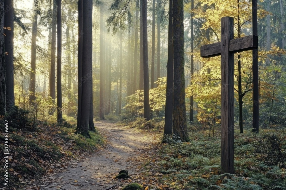 Poster winding path meanders through tall trees adorned with autumn leaves, illuminated by gentle sunlight 