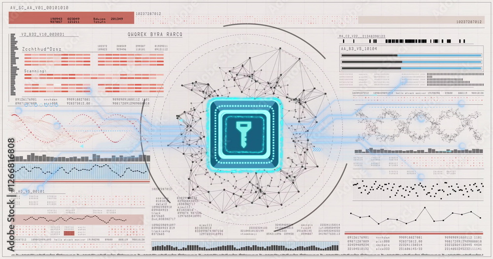 Aufkleber image of data processing and key icon over dna strand