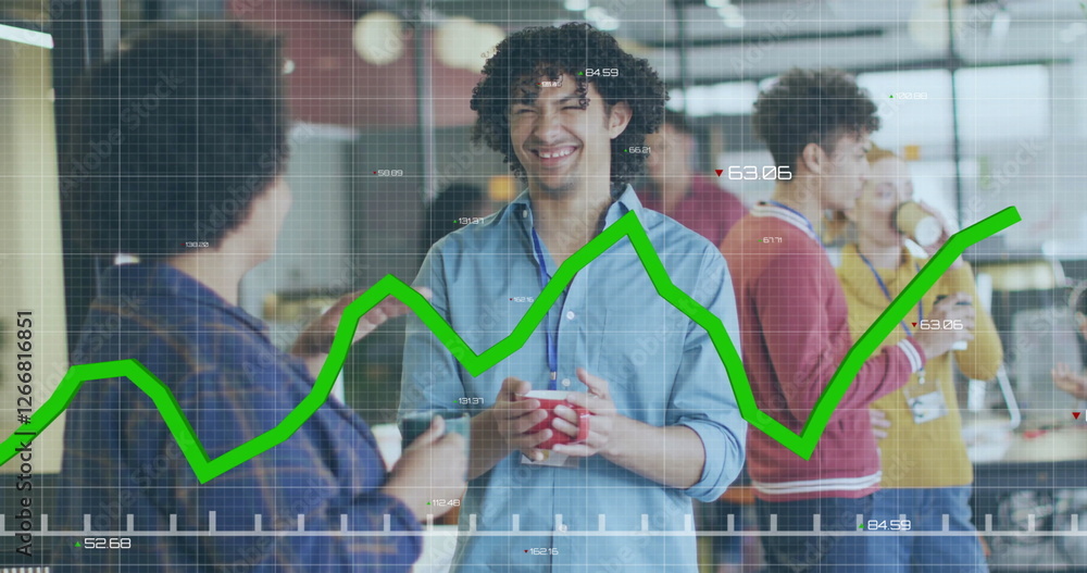 Poster image of data processing and diagrams over diverse colleagues talking in office