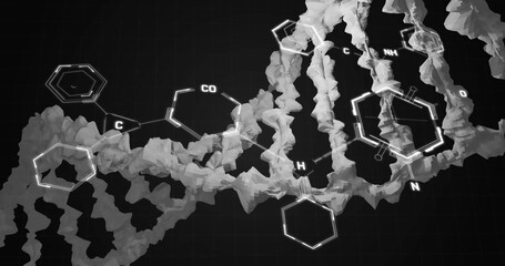 Image of chemical formula over dna strand