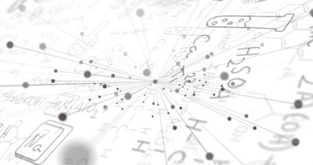 Image of network of connections over chemical formula on white background