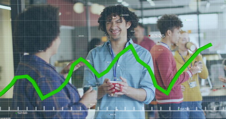 Image of data processing and diagrams over diverse colleagues talking in office