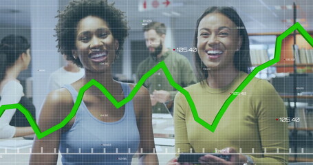 Image of data processing and diagrams over diverse colleagues talking in office